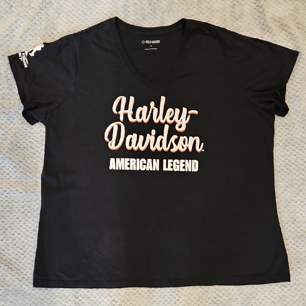 Harley-Davidson Black Tee with White and Orange Text